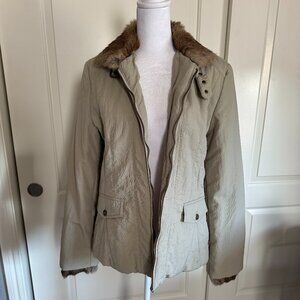 Via Spiga Taupe Colored Puffer Jacket with Rabbit Fur Trim, Size Medium